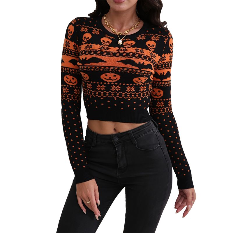 ハロウィーンベアミッドリフトップスニットセーターの女性